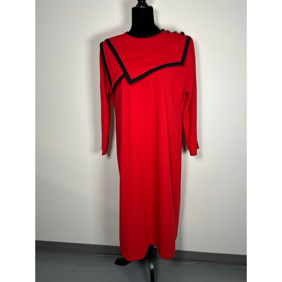 VTG 80s / 90s Red Dress with Retro Black Trim and Shoulder Pads Leslie Fay Sz 14 - Picture 1 of 11